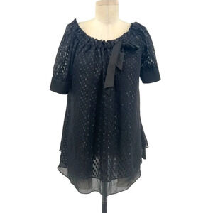 Diane von Furstenberg Miki‎ Black Swiss Dot Bow Neck Silk Top Size 4